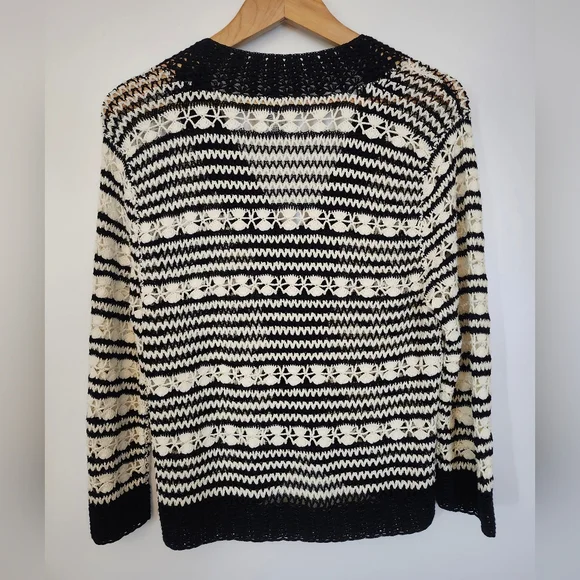 TALBOTS Women's XL Knit Crochet Cardigan Black White Boho Open Front Y2K Vibe - Picture 3 of 14